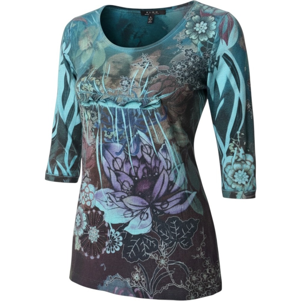 Y2K B.L.E.U. Womens Floral Lotus Rhinestone 3/4 Sleeve Scoop Neck Top M - Picture 1 of 4
